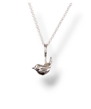 Load image into Gallery viewer, Sterling silver wren pendant, hand-carved in wax and cast, on an 18-inch chain