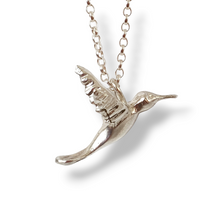 Load image into Gallery viewer, Sterling silver hummingbird pendant, hand-carved in wax and cast, on an 18-inch chain